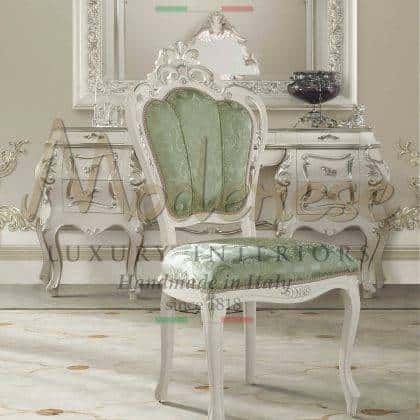 ornamental luxury classic chair italian style traditional solid wood furniture high-end quality handmade furniture opulent rich luxury living bespoke interiors handcrafted exclusive artisanal chairs manufacturing elegant and classy lacquered finish with silver leaf details soft made in Italy classy green fabric