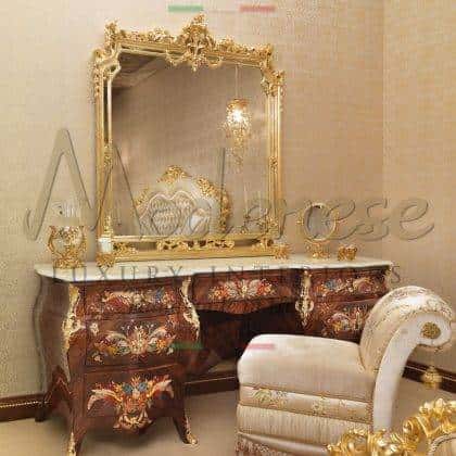 royal luxury suite vanity unit top furniture collection 3D inlays colorful custom made furniture best Italian quality exclusive craftsmanship custom-made home décor furnishing projects, premium classic style handcrafted refined golden leaf details rocking chair venetian mirror majestic toilette desk ornamental luxury furnishings