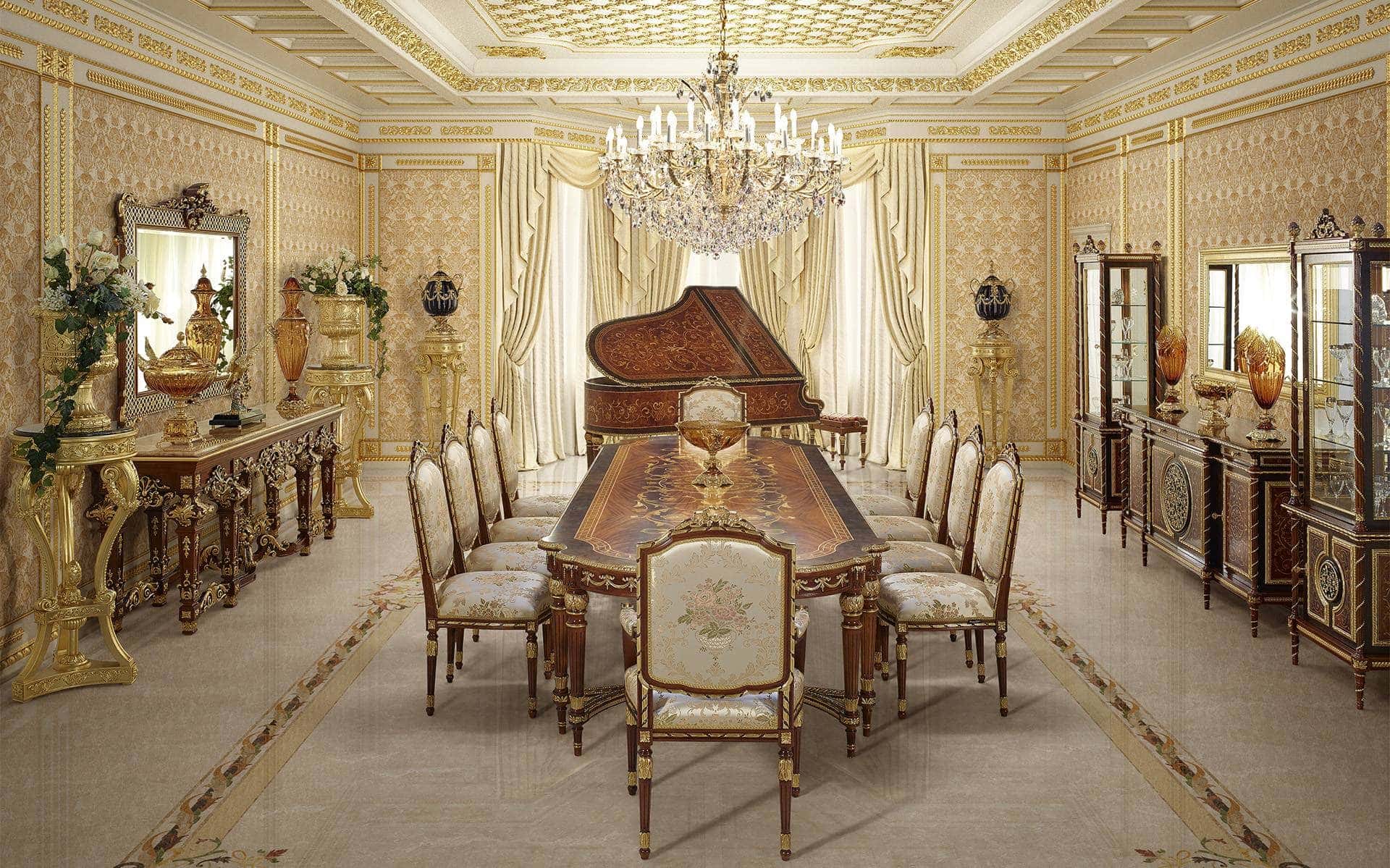 意大利帝国风格的顶级经典家具：优雅的餐桌、大气的座椅和扶手椅、定制的玻璃橱窗和餐具柜。适合大多数皇家别墅和宫殿氛围的豪华三角钢琴。手工镶嵌和装饰的餐桌。精选意大利制造的珍贵原材料，最优手工家具制作。意大利经典实木家具和最佳室内设计服务。