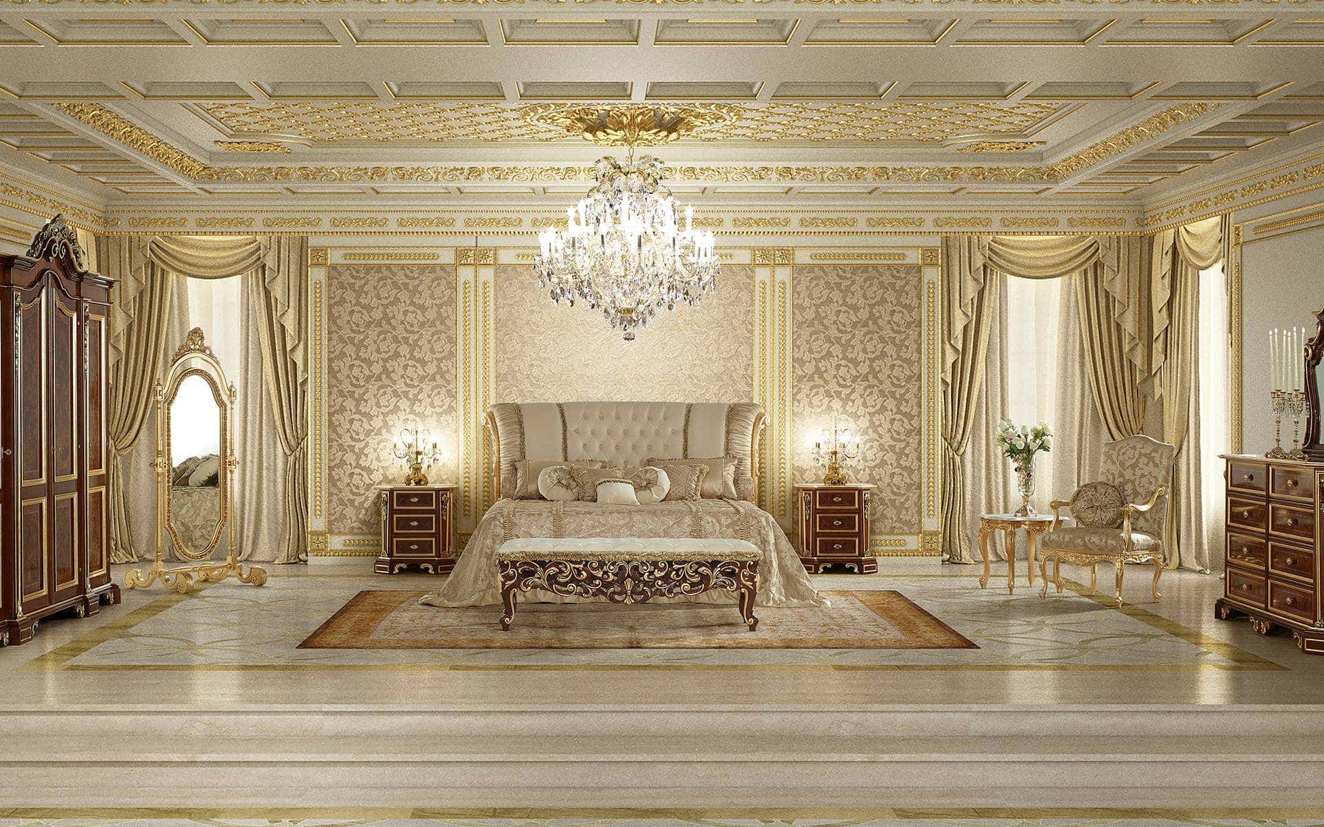 美丽而精致的主卧室经典内饰，采用实木材料，意大利制造的高端品质。为最精致的皇家宫殿、别墅和家居装饰而定制的卧室家具。手工金叶细节装饰。最佳品质和顶级设计的双人床、豪华床头柜、优雅的坐垫凳、巴洛克风格的衣柜、威尼斯风格梳妆台。蕴涵精致设计和独特意大利制造工艺的经典定制家具。