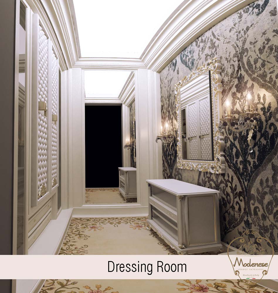 Elegant closet, unique design for luxurious bespoke mansion. High-end materials and best quality furniture made in Italy
