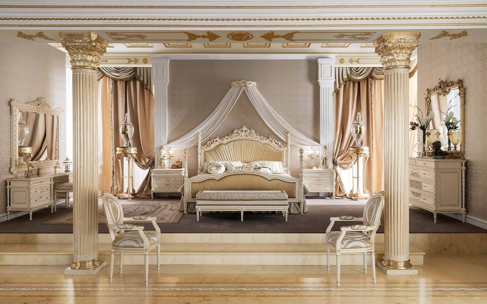 Sophisticated master bedroom in elegant empire style, best Italian design and furniture manufacturer. Elegant handmade details, pearled ivory finish, bespoke classic furniture for the most refined palaces, villas, hotels bedrooms. Solid wood handmade interiors with made in Italy high-end quality and top quality. Traditional victorian venetian rococo' classic style: best classic furniture ideas.